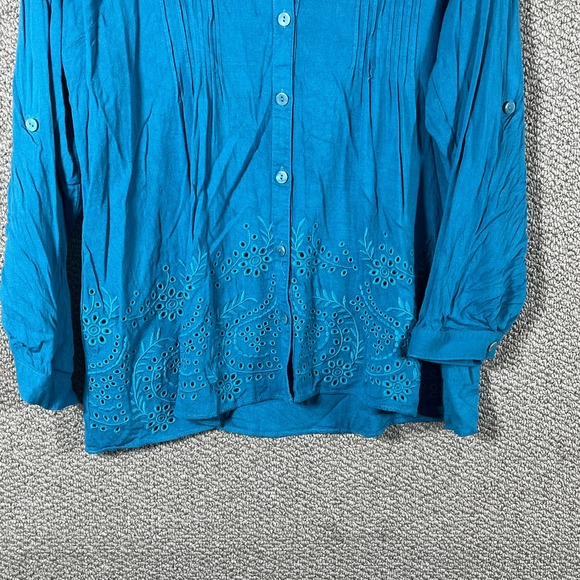 Soft Surrounding Blouse Womens XL Blue Embroidered Roll Tab Sleeves Button Up - Picture 3 of 9